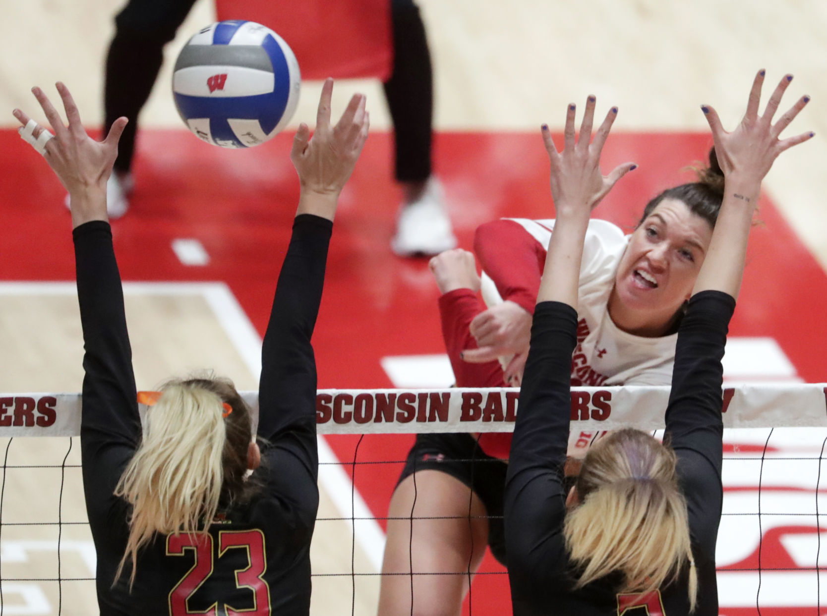 Wisconsin competes against Maryland in a women's volleyball match at the UW Field House